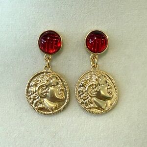 Gold Coin Drop Earrings with Red Gem Accent